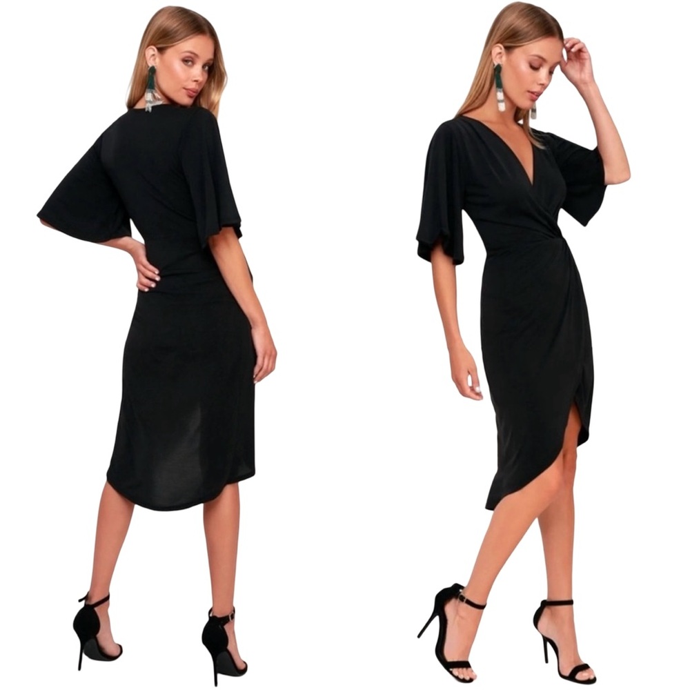 Lulus Charcoal Black Dulcet Faux Wrap Flutter Sleeve Surplice Midi Dress Small
